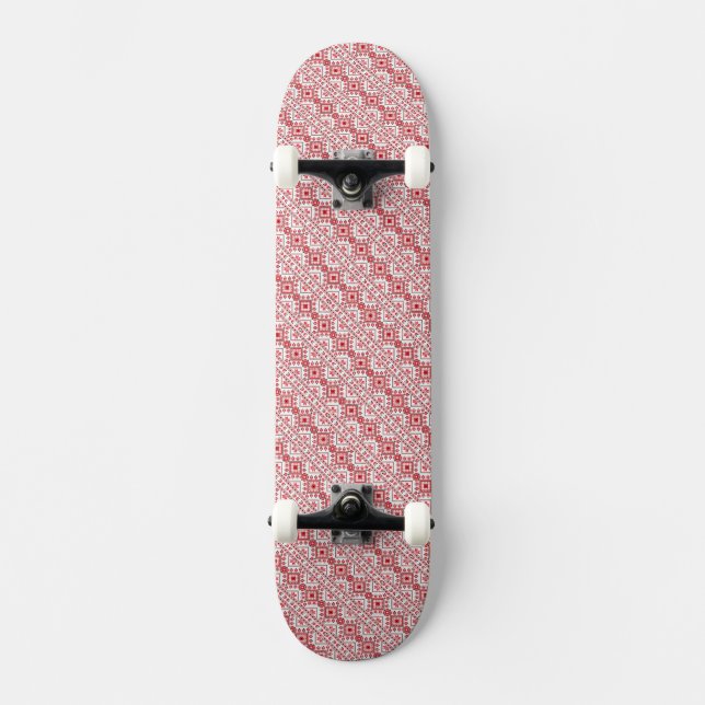 Cute red decorative ukrainian patterns design skateboard (Front)