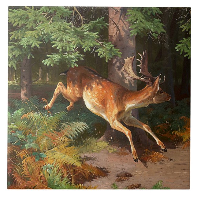Cute Red Deer In The Forest Ceramic Tile (Front)
