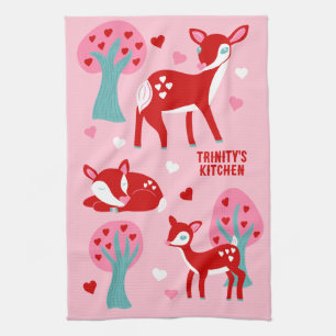 Cute Red Deer Valentine's Day Custom Message Tea Towel