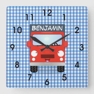 Cute red delivery truck cartoon illustration square wall clock