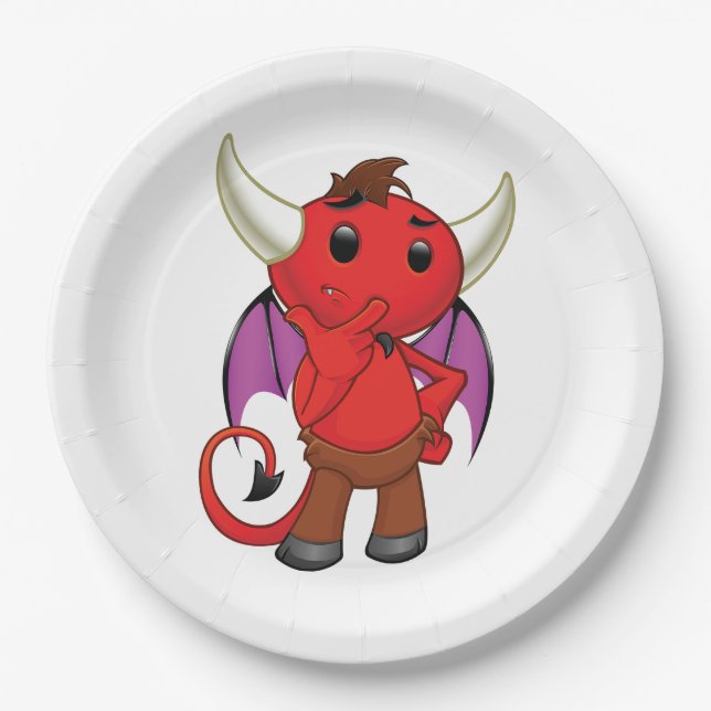 Cute Red Devil Character Thinking Mischievous Paper Plate (Front)