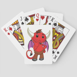 Cute Red Devil Character Thinking Mischievous Playing Cards