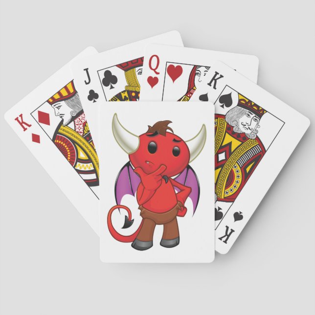 Cute Red Devil Character Thinking Mischievous Playing Cards (Back)