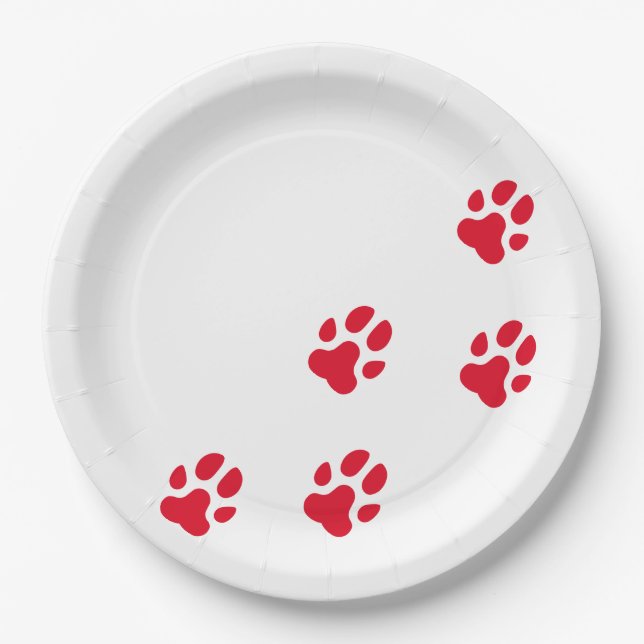 Cute Red Dog Paw Prints Paper Plate (Front)