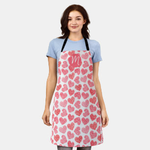 Cute Red Doodled Heart Valentine's Day Monogram Apron