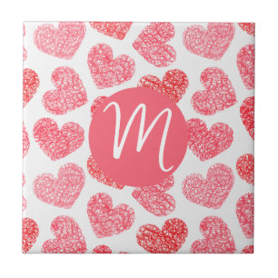 Cute Red Doodled Heart Valentine's Day Monogram Ceramic Tile