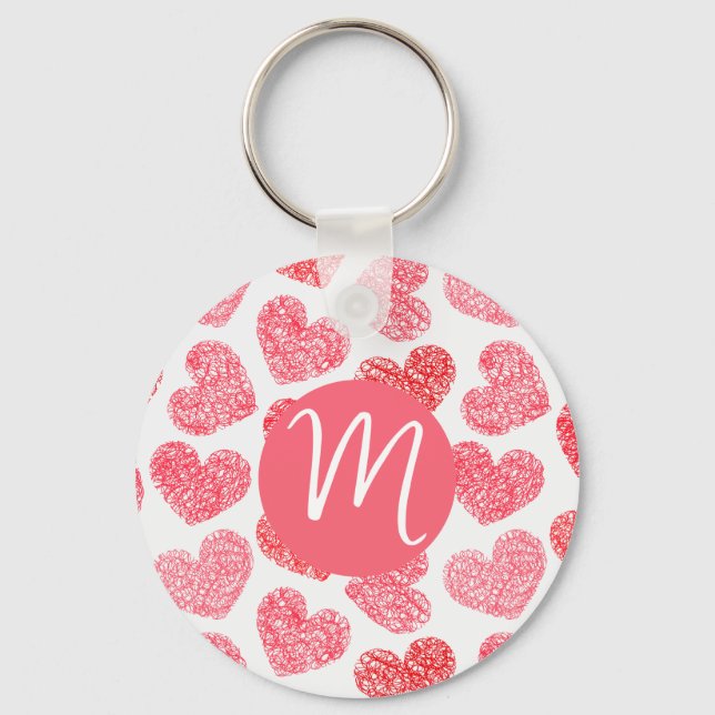 Cute Red Doodled Heart Valentine's Day Monogram Key Ring (Front)