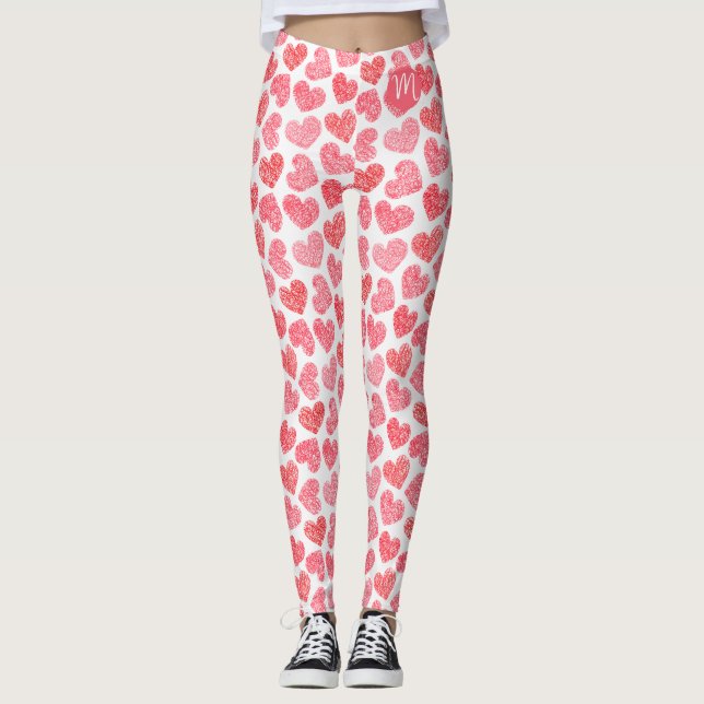 Cute Red Doodled Heart Valentine's Day Monogram Leggings (Front)