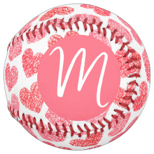 Cute Red Doodled Heart Valentine's Day Monogram Softball