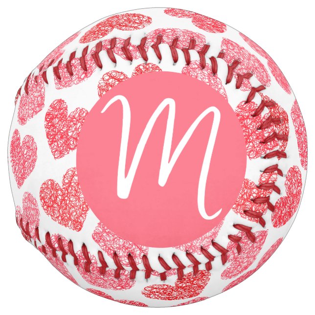Cute Red Doodled Heart Valentine's Day Monogram Softball (Front Right)