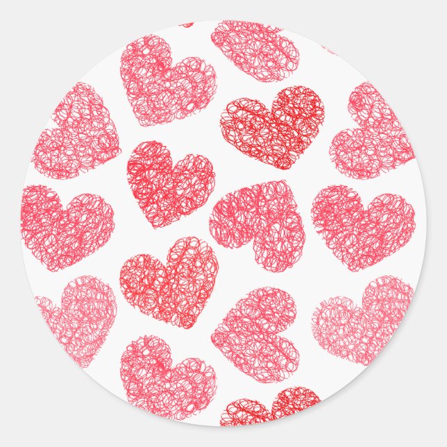 Cute Red Doodled Heart Valentine's Day Pattern Classic Round Sticker (Front)