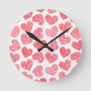 Cute Red Doodled Heart Valentine's Day Pattern Round Clock