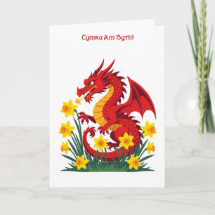 Cute Red Dragon And Daffodils Card