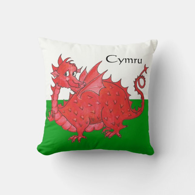 Cute Red Dragon, Green and White Pillow or Cushion (Front)