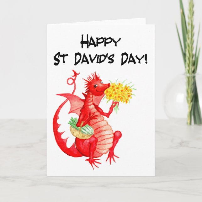 Cute Red Dragon Leeks Daffodils St David's Day Card (Front)