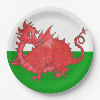 Cute Red Dragon on Green and White Paper Plate