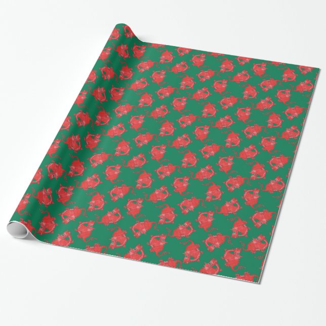 Cute Red Dragons on Dark Green Wrapping Paper (Unrolled)