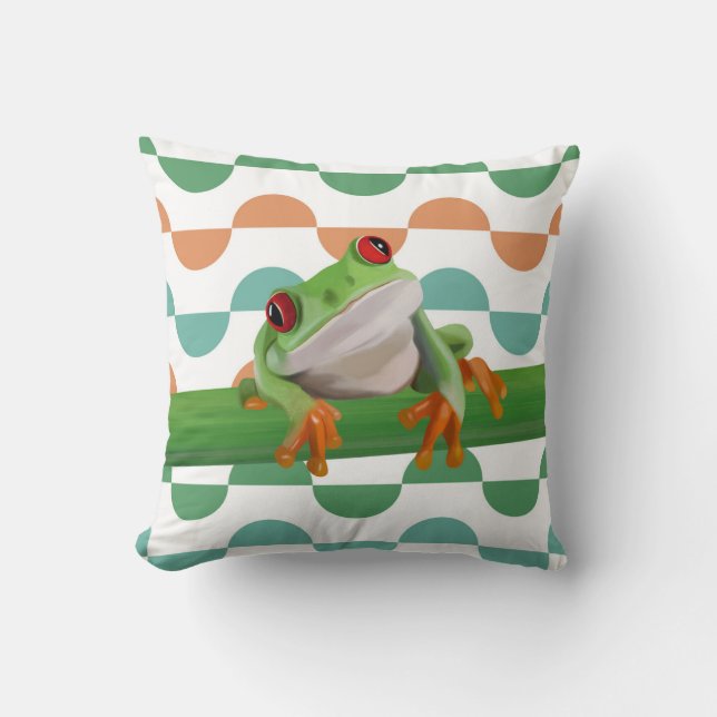 Cute Red Eyed Tree Frog Colourful Geometric Cushion (Front)