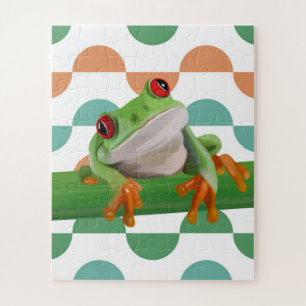 Cute Red Eyed Tree Frog Colourful Geometric Jigsaw Puzzle