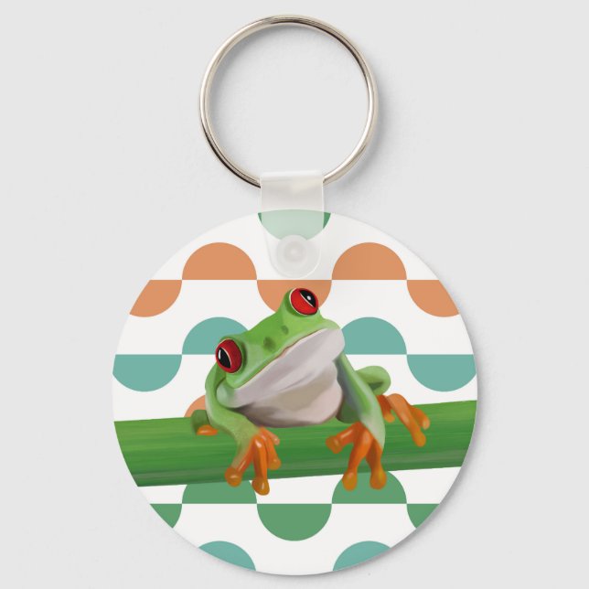 Cute Red Eyed Tree Frog Colourful Geometric Key Ring (Front)