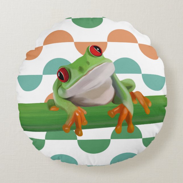 Cute Red Eyed Tree Frog Colourful Geometric Round Cushion (Front)