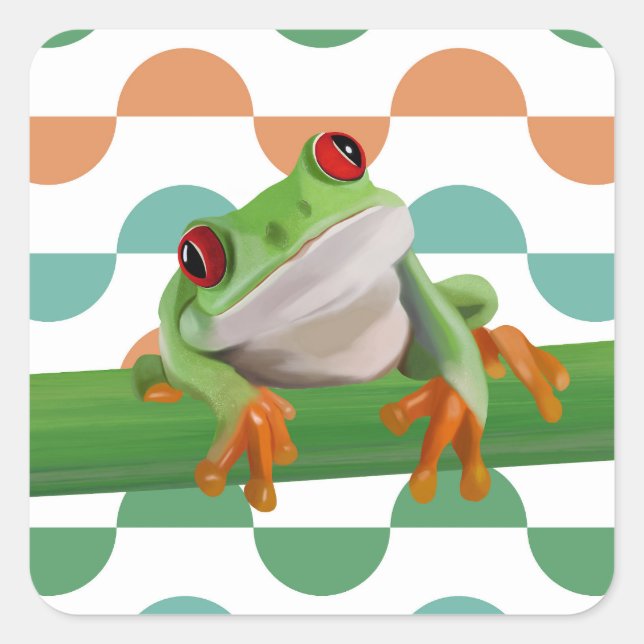 Cute Red Eyed Tree Frog Colourful Geometric Square Sticker (Front)