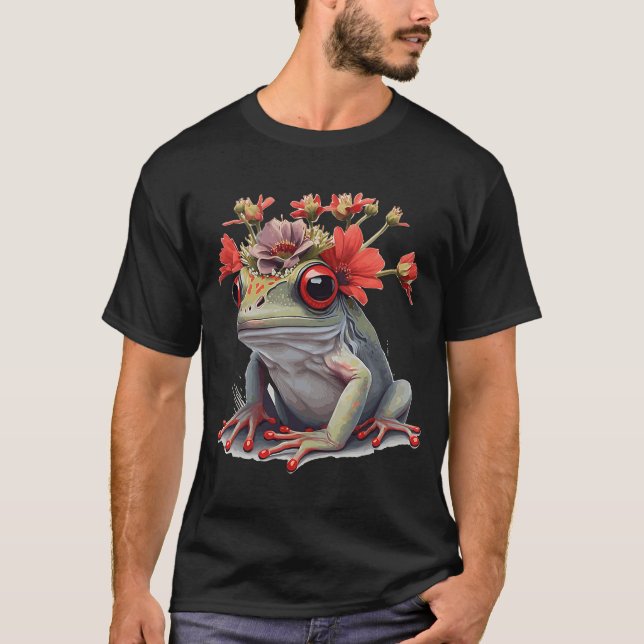 Cute Red Eyed Tree Frog Flower Crown Amphibian T-Shirt (Front)