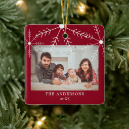 Cute Red Family Photo Snowflakes Christmas Name Ceramic Ornament