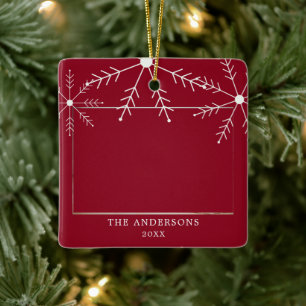 Cute Red Family Photo Snowflakes Christmas Name Ceramic Ornament