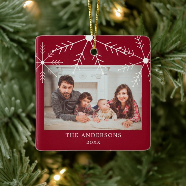 Cute Red Family Photo Snowflakes Christmas Name Ceramic Ornament (Tree)