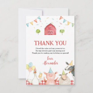 Cute Red Farm Animals and Barn Birthday Party Thank You Card