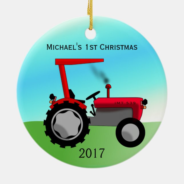 Cute Red Farm Tractor Baby's First Christmas Ceramic Ornament (Back)