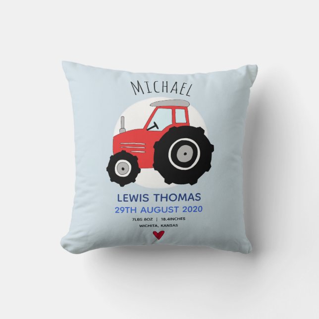 Cute Red Farm Tractor Name Baby Boy Birth Stats Cushion (Front)