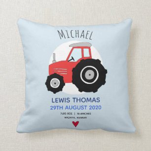 Cute Red Farm Tractor Name Baby Boy Birth Stats Cushion