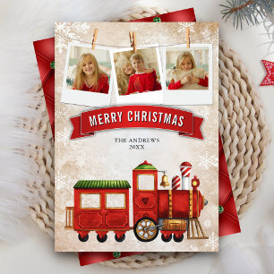 Cute Red Festive Train Locomotive Photo Christmas Holiday Card