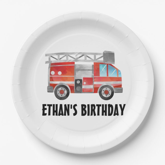 Cute Red Firetruck Birthday Party Paper Plate (Front)