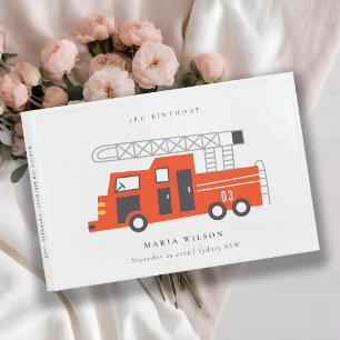 Cute Red Firetruck Engine Kids Any Age Birthday Guest Book