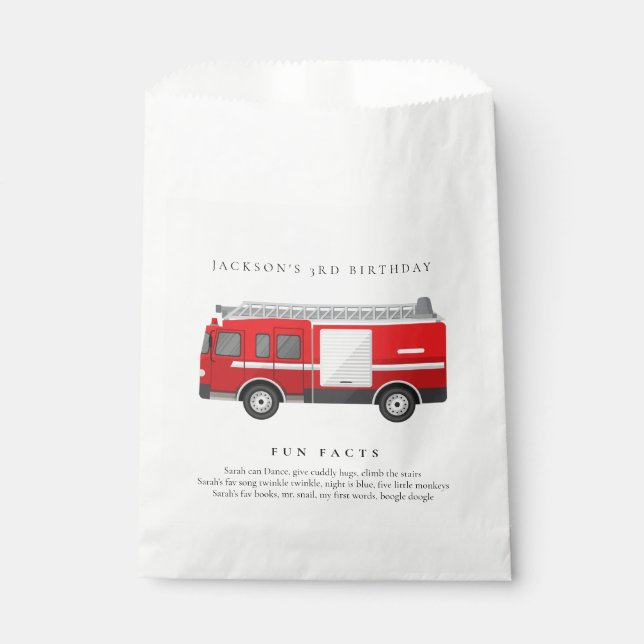 Cute Red Firetruck Engine Kids Fun Facts Birthday Favour Bag (Front)