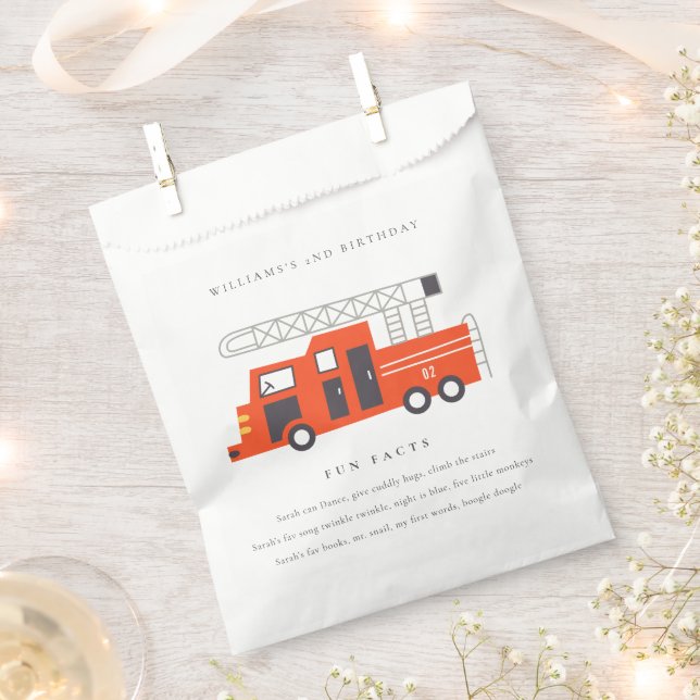 Cute Red Firetruck Engine Kids Fun Facts Birthday Favour Bag (Clipped)