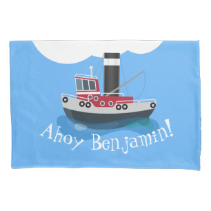 Cute red fishing trawler boat cartoon illustration pillowcase