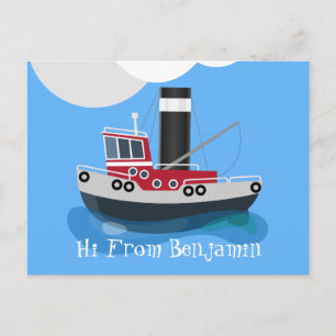 Cute red fishing trawler boat cartoon illustration postcard