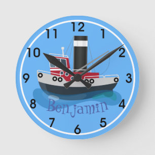 Cute red fishing trawler boat cartoon illustration round clock