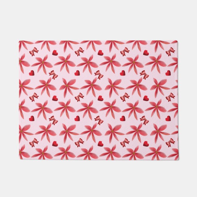 Cute Red Floral Heart Pattern Seamless Girly  Doormat (Front)