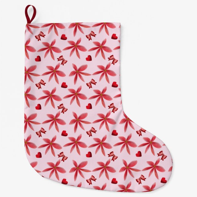 Cute Red Floral Heart Pattern Seamless Girly  Large Christmas Stocking (Front)