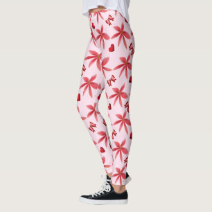 Cute Red Floral Heart Pattern Seamless Girly Leggings