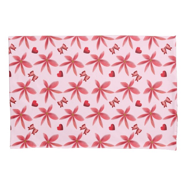Cute Red Floral Heart Pattern Seamless Girly  Pillowcase (Front)