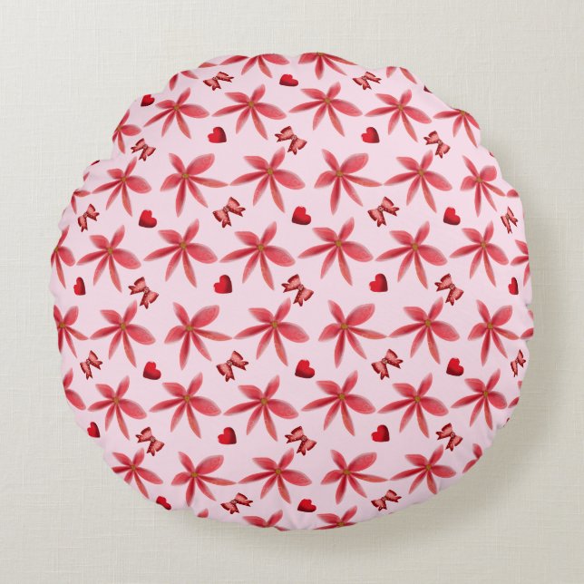 Cute Red Floral Heart Pattern Seamless Girly  Round Cushion (Front)
