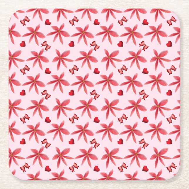 Cute Red Floral Heart Pattern Seamless Girly  Square Paper Coaster (Front)