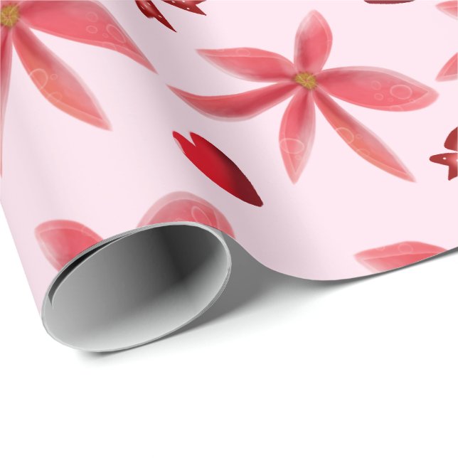 Cute Red Floral Heart Pattern Seamless Girly  Wrapping Paper (Roll Corner)