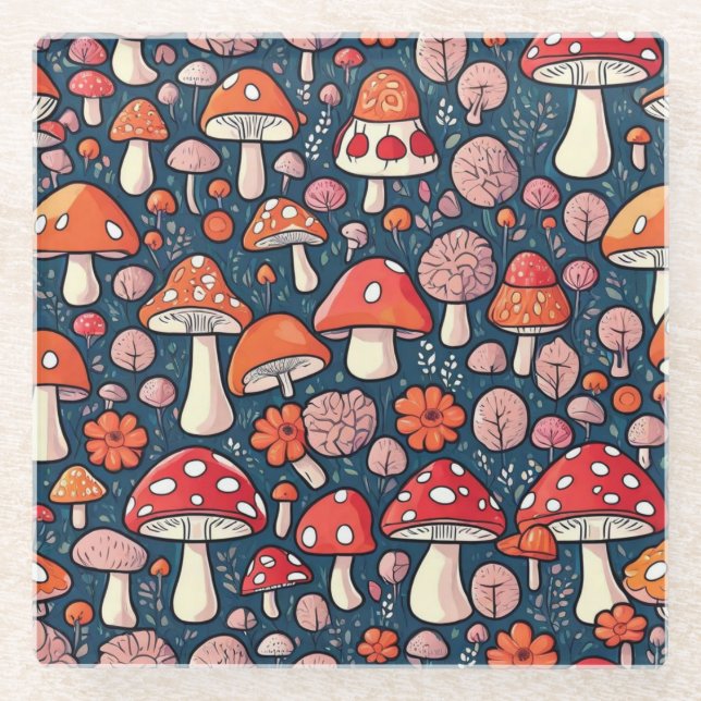 Cute red floral mushrooms in green decor glass coaster (Front)